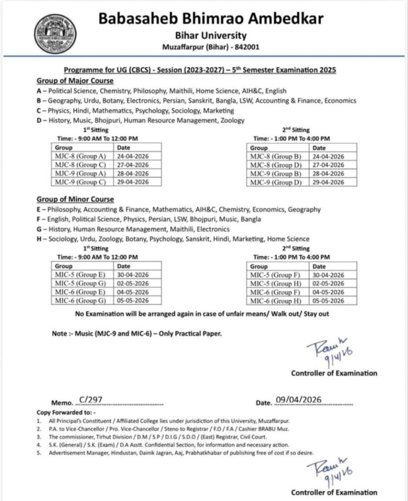 BRABU UG 5th Semester 2023-27 Exam Date