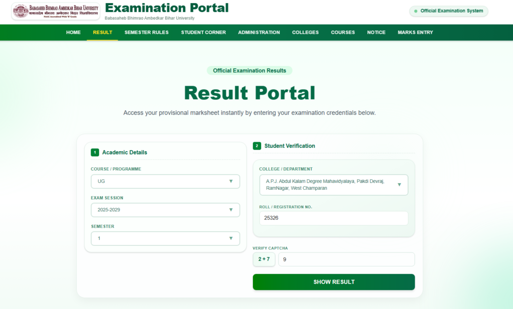 BRABU UG 1st Semester Result 2025-29