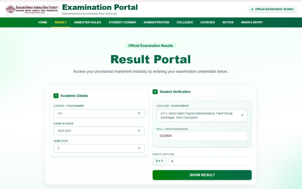 BRABU UG 5th Semester 2023-27 Result