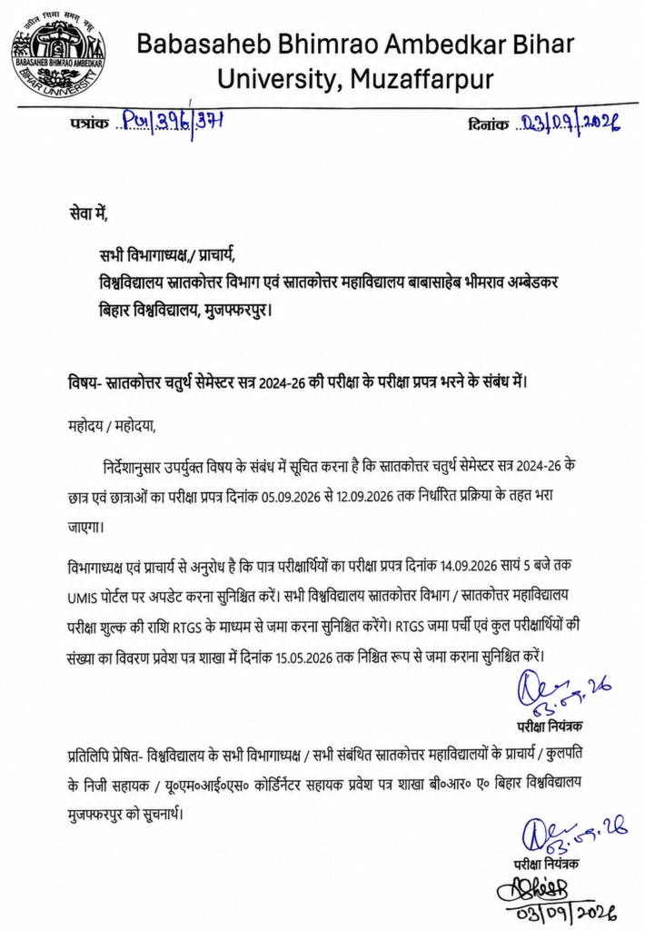 BRABU PG 4th Semester Exam Form 2026 Date